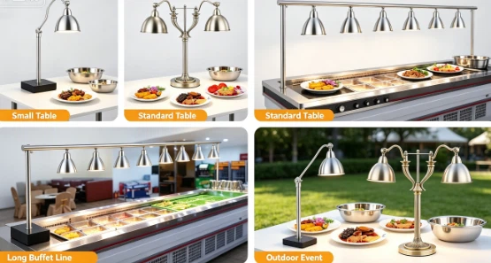 Different types of heat lamps for buffet table commercial catering use.webp