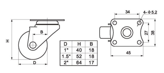 Small Rubber Caster Wheels Mini 2" 30kg 
